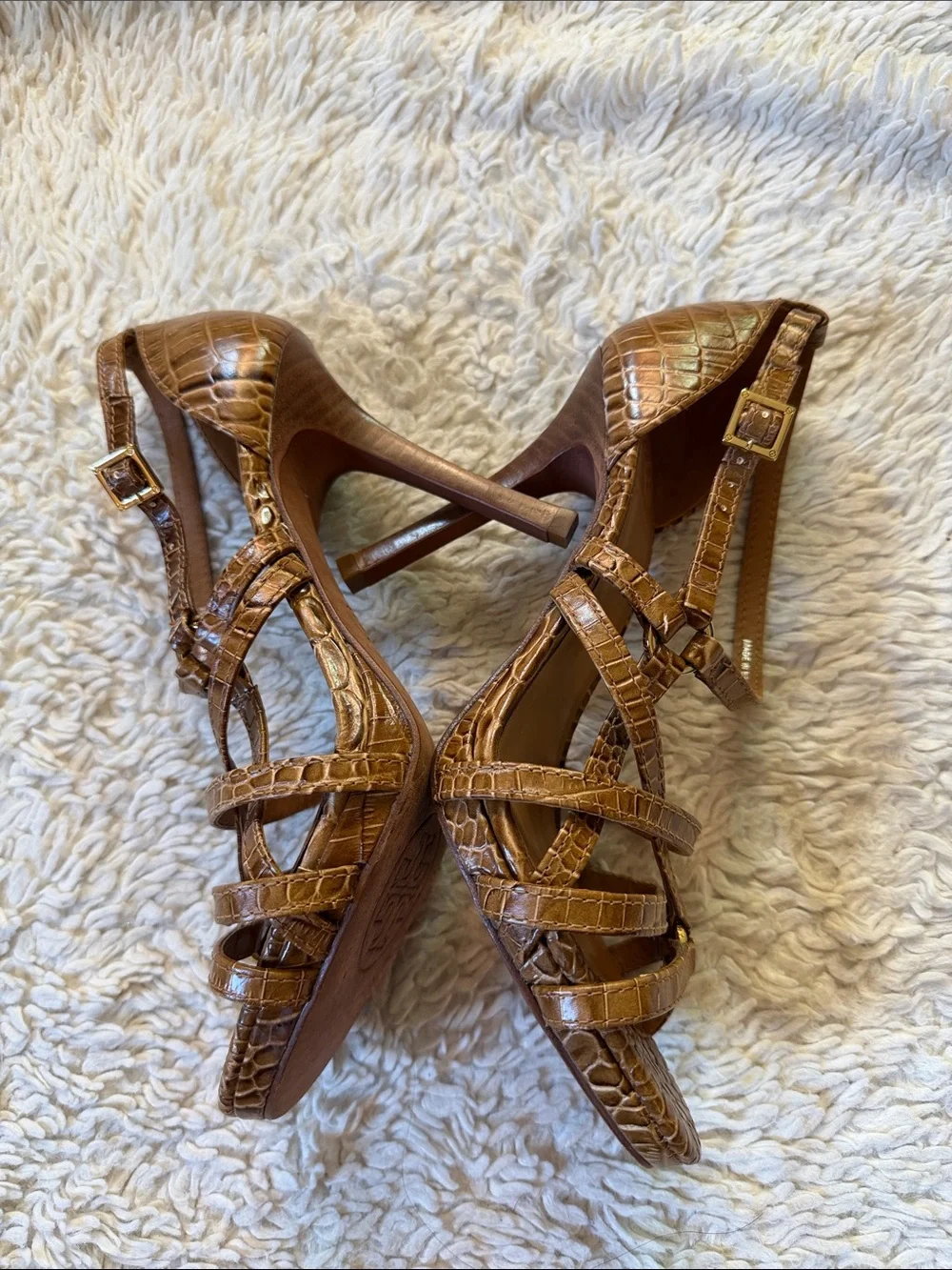 Tory Burch Cognac Croc-Embossed Strappy Heels size 8M